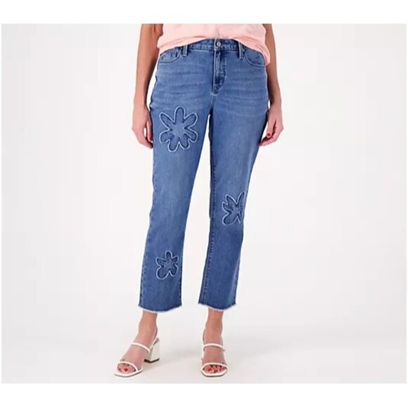 NWT Laurie Felt Forever Denim Floral Crop Straight Jean Sz 28WP Medium Wash - Picture 1 of 12